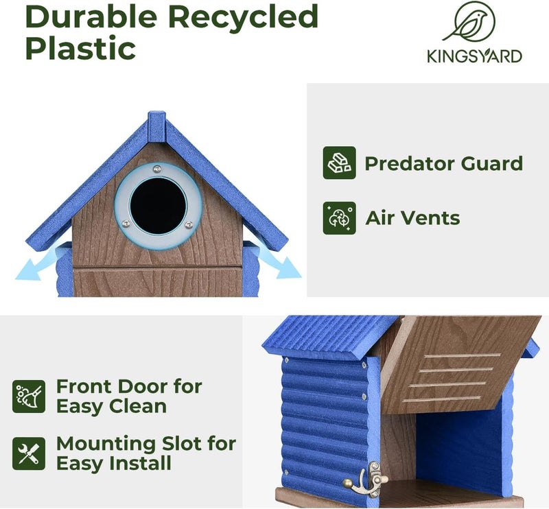 Kingsyard Recycled Plastic Bird House for Outdoors - Weatherproof Nesting Box with Clear View Panel & Predator Guard for Bluebird Wren Swallow Finch, Blue - Image 3